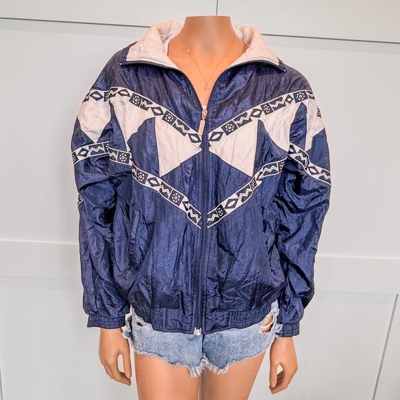 1990s Vintage Janeve Bomber Jacket Navy/White Geometric Pattern-Womens Medium - Picture 1 of 10